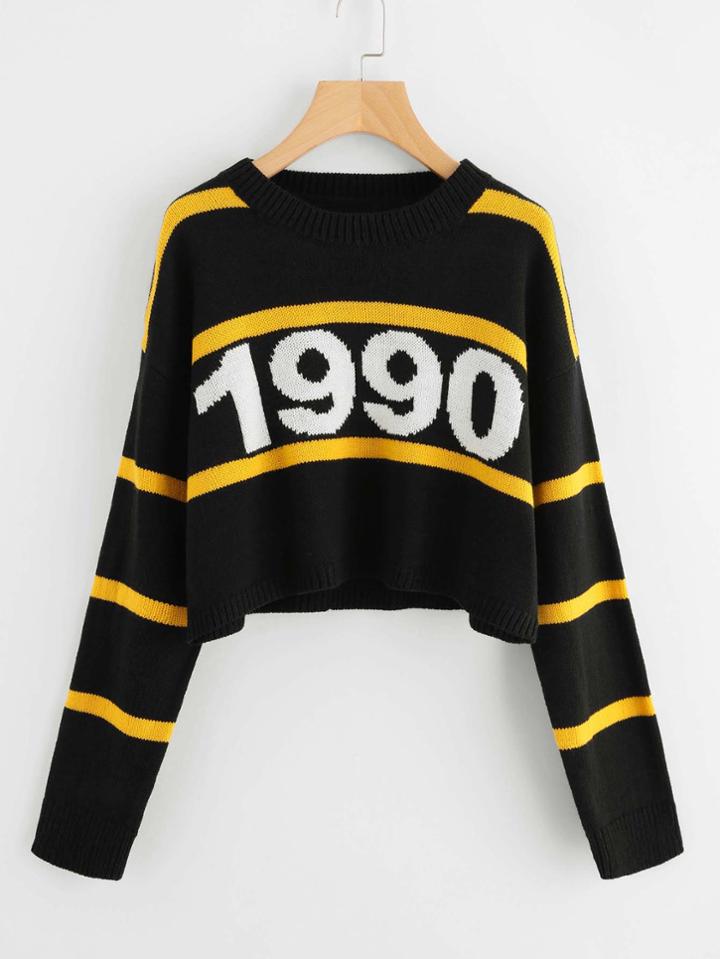 Romwe Number Print Stripe Crop Jumper