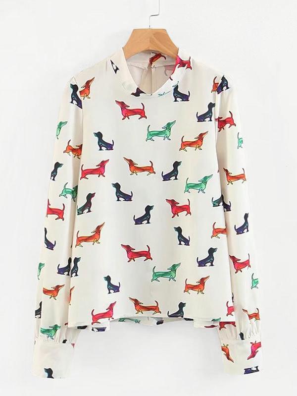 Romwe Mock Neck Dog Overlay Print Blouse