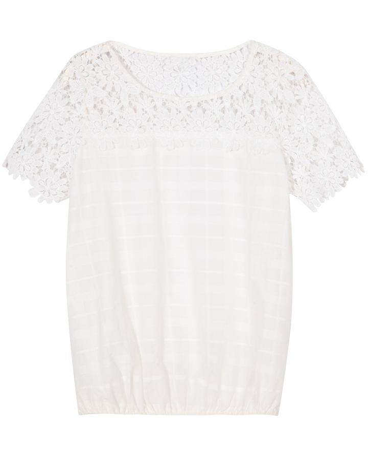 Romwe Round Neck Short Sleeve Lace Insert Blouse