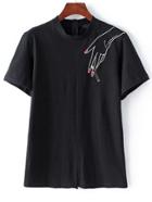 Romwe Fingers Print Back Zipper Black T-shirt