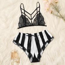 Romwe Floral Lace Bralette With Satin Striped Shorts
