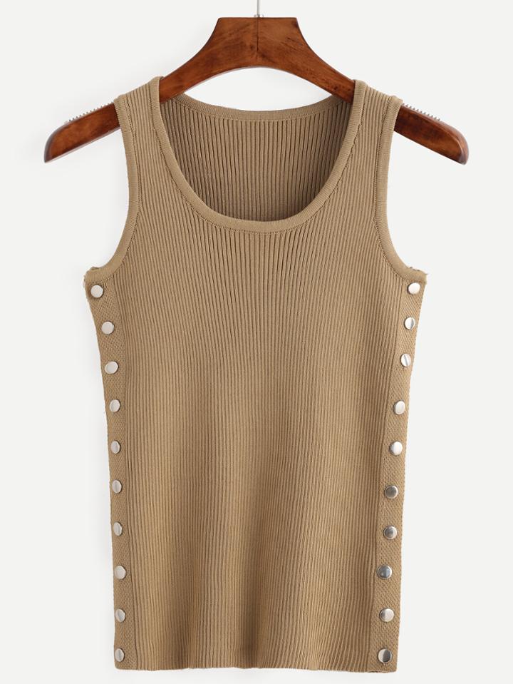 Romwe Camel Snap Button Side Ribbed Tank Top