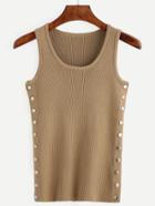 Romwe Camel Snap Button Side Ribbed Tank Top