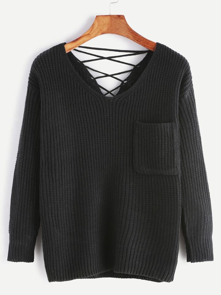 Romwe Black Lace Up Back Pocket Front Sweater