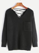 Romwe Black Lace Up Back Pocket Front Sweater