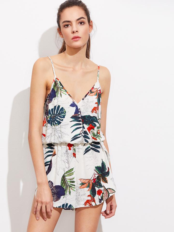 Romwe Tropical Print Surplice Wrap Cami Blouson Romper
