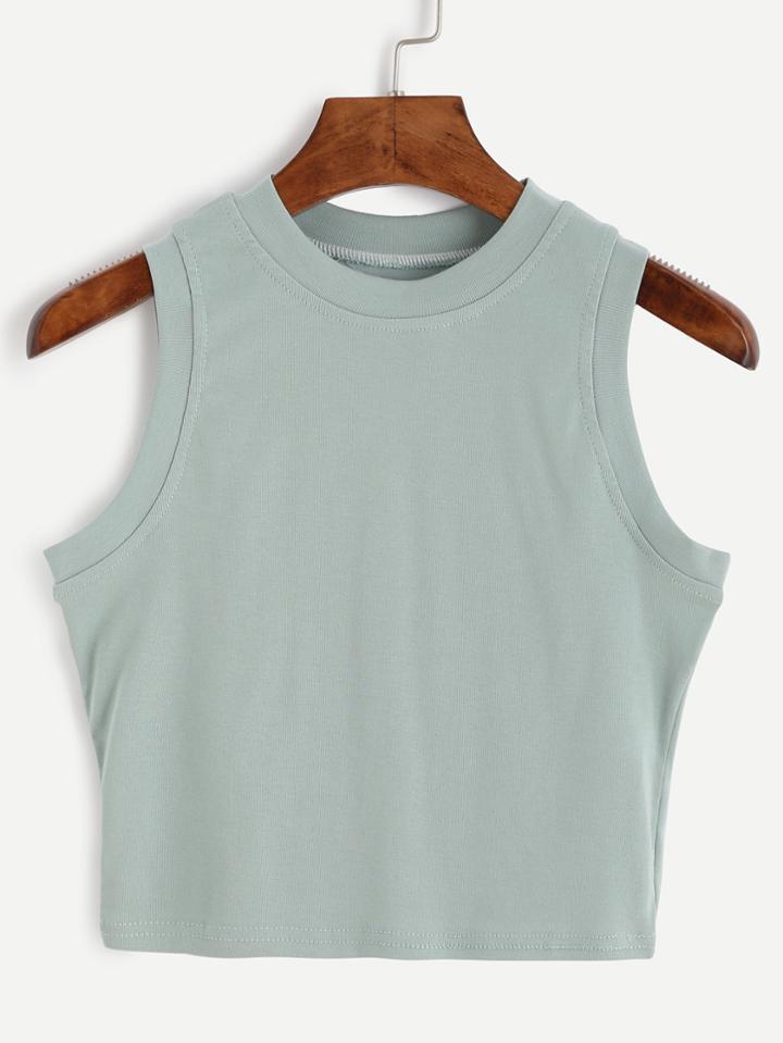 Romwe Green Mock Neck Crop Tank Top