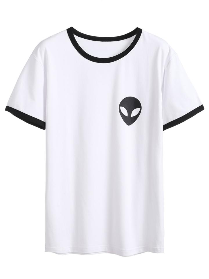 Romwe White Alien Print Contrast Trim T-shirt