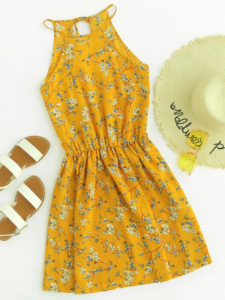 Romwe Florals Random Self Tie Split Back Cami Dress