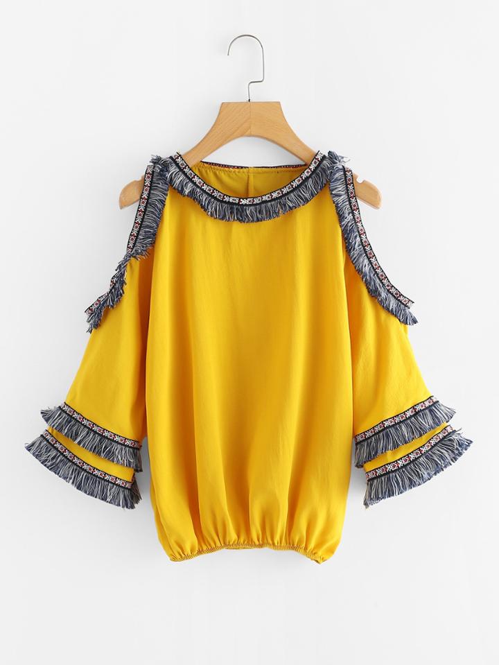Romwe Cutout Sleeve Tassel Embroidered Tape Detail Blouse