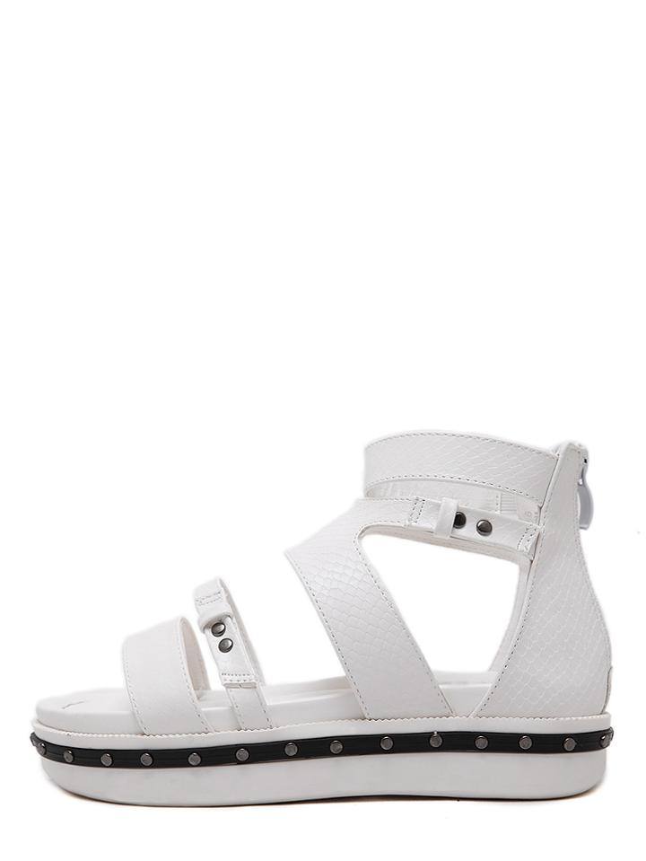 Romwe White Faux Leather Snakeskin Open Toe Sandals
