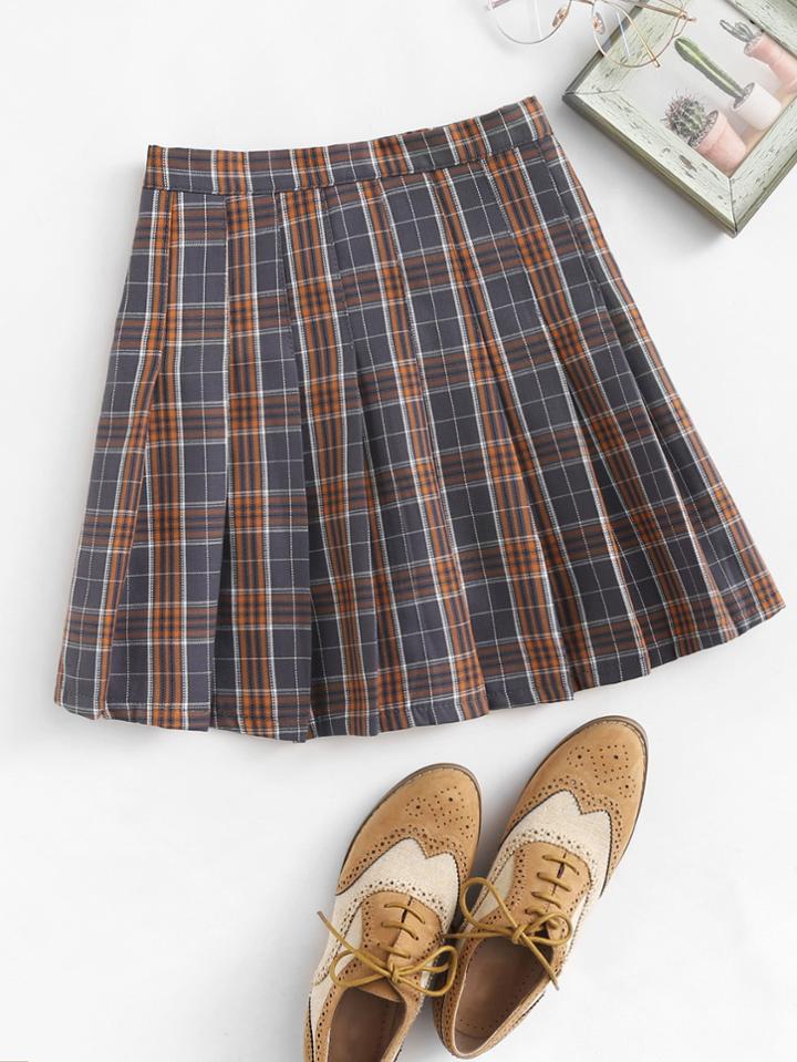 Romwe Plaid Pleated Zip Up Side Skirt