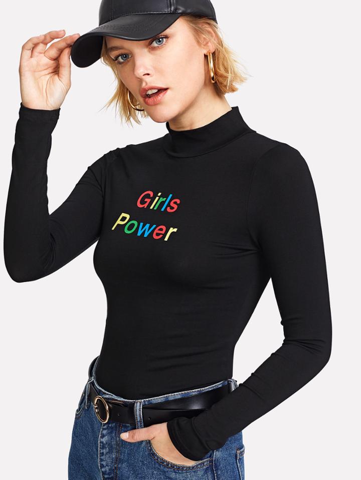 Romwe High Neck Slogan Print Tee