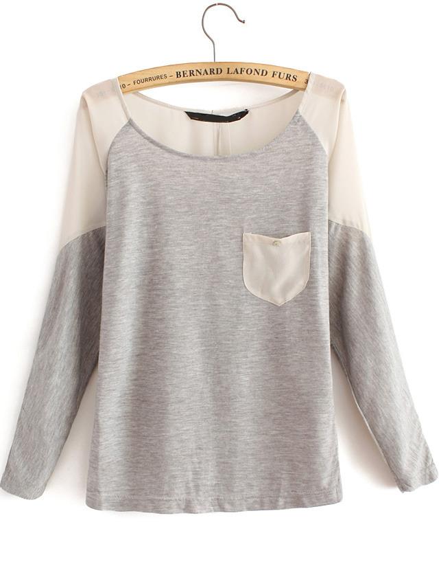 Romwe Contrast Sheer Pockets Grey Blouse