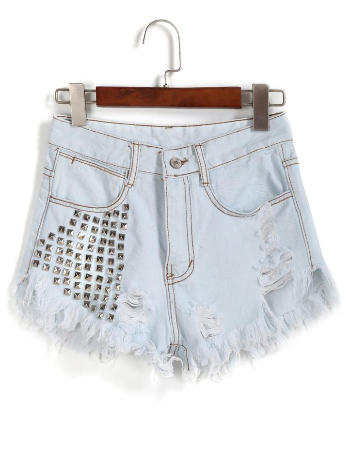 Romwe With Rivet Ripped Fringe Denim Wash Blue Shorts
