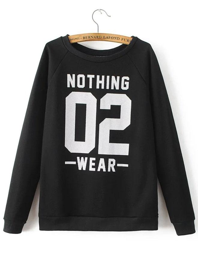 Romwe Black Varsity Print Raglan Sleeve Sweatshirt