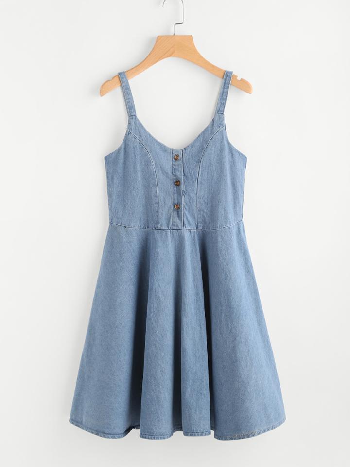 Romwe Pleated A-line Button Front Overall Dress