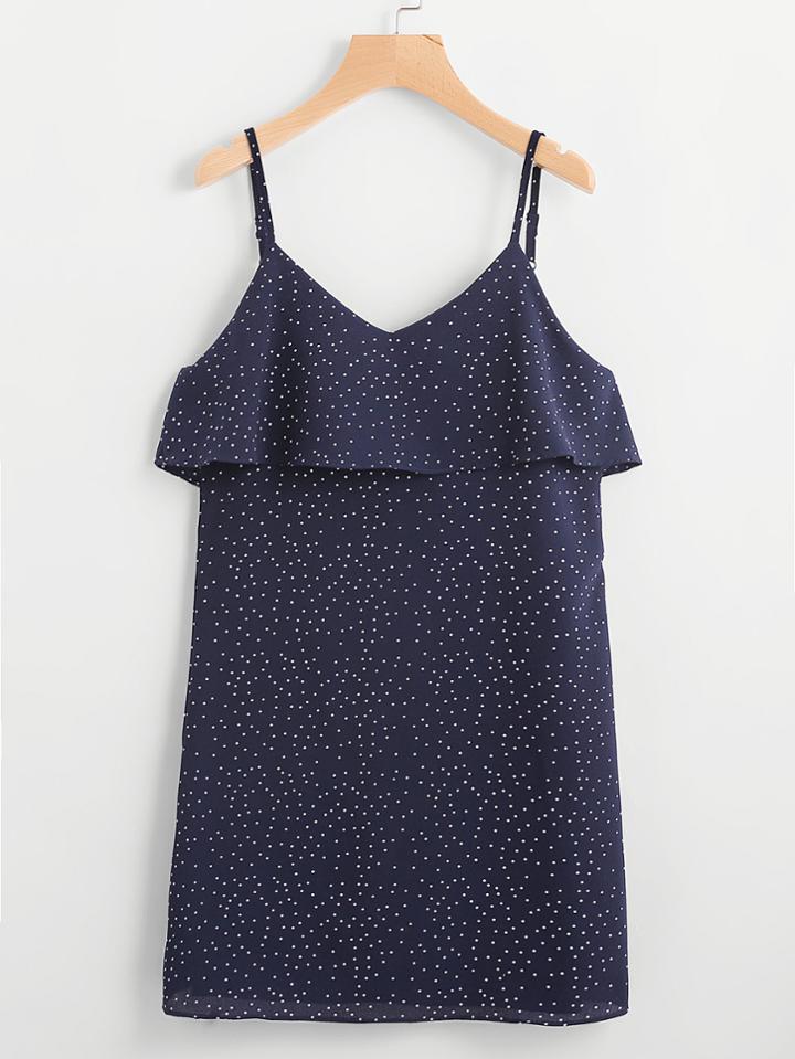 Romwe Flounce Layered V Back Polka Dot Cami Dress