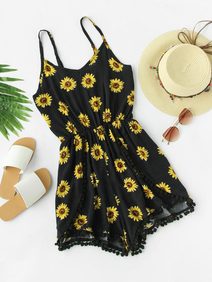 Romwe Sunflower Print Pom Pom Trim Cami Romper