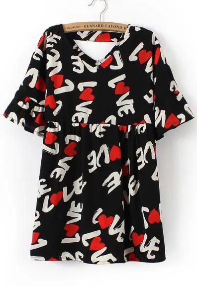 Romwe V Neck Heart Print Black Dress