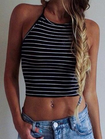 Romwe Striped Halter Crop Top