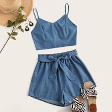 Romwe Shirred Cami Top With Belted Paperbag Shorts