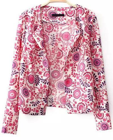Romwe Floral Print Crop Red Coat