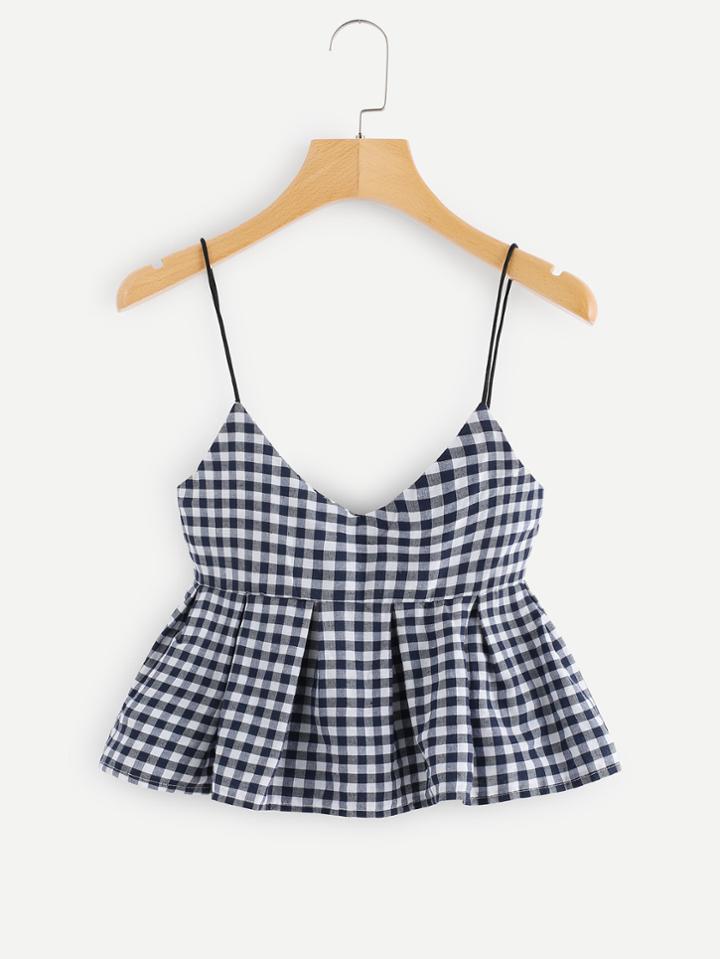 Romwe V Neckline Ruffle Hem Checked Cami Top