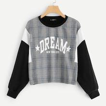 Romwe Drop Shoulder Letter And Plaid Sweatshirt