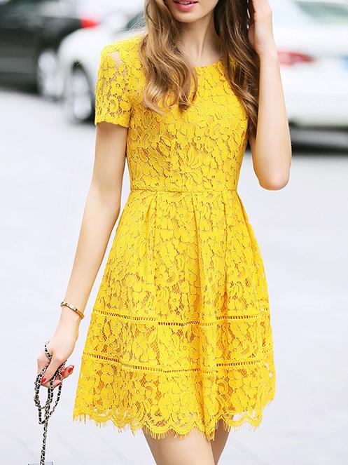 Romwe Yellow Crew Neck A-line Lace Dress