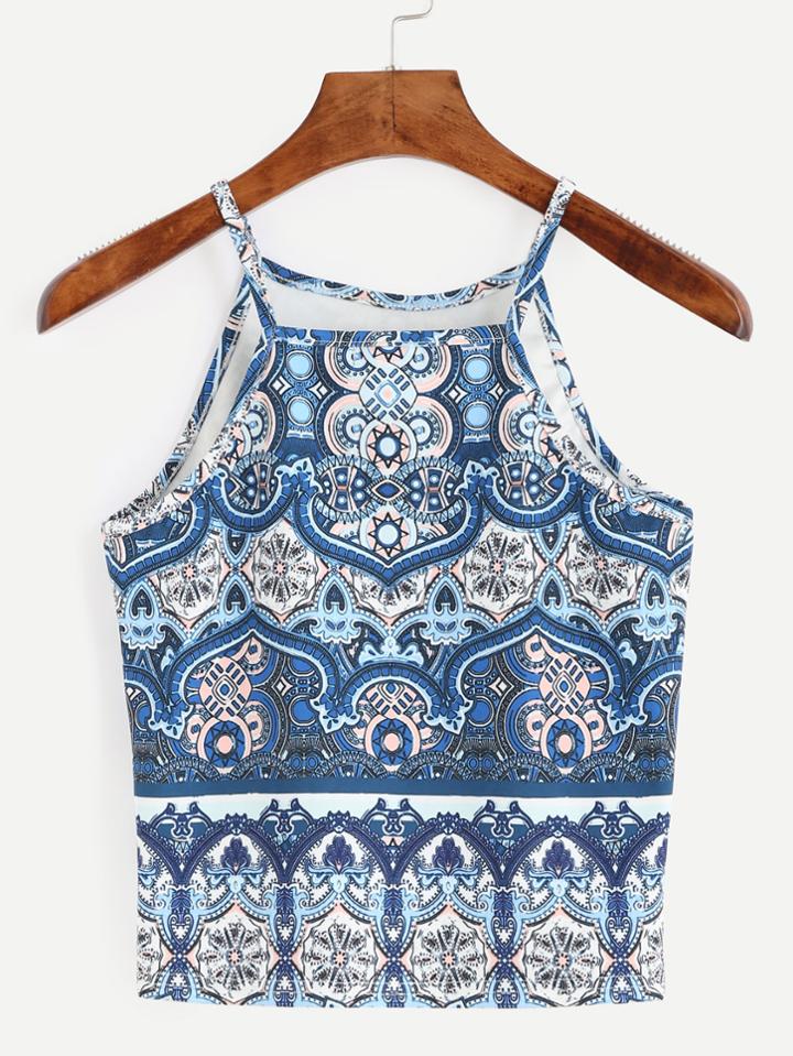 Romwe Blue Spaghetti Strap Tribal Print Top