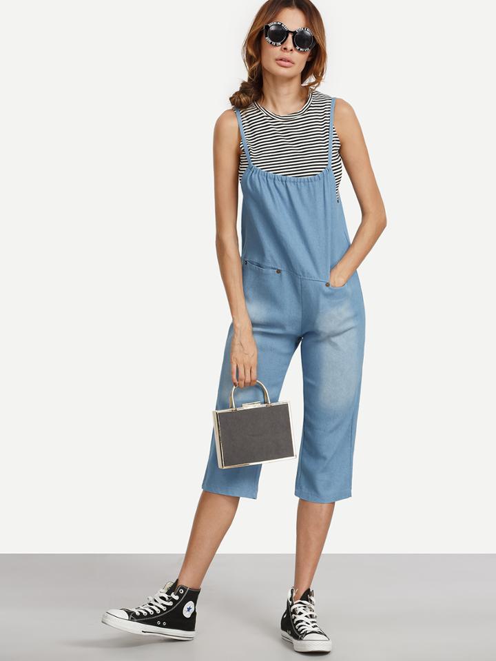 Romwe Blue Dual Pocket Front Cami Denim Jumpsuit
