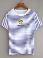 Romwe Banana Embroidered Blue Striped T-shirt