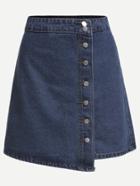 Romwe Blue Button Front Wrap Denim Skirt