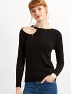 Romwe Black Cut Out Neck Sweater With Ring Accent