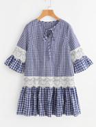 Romwe Lace Detail Fluted Sleeve Mixed Gingham Dress