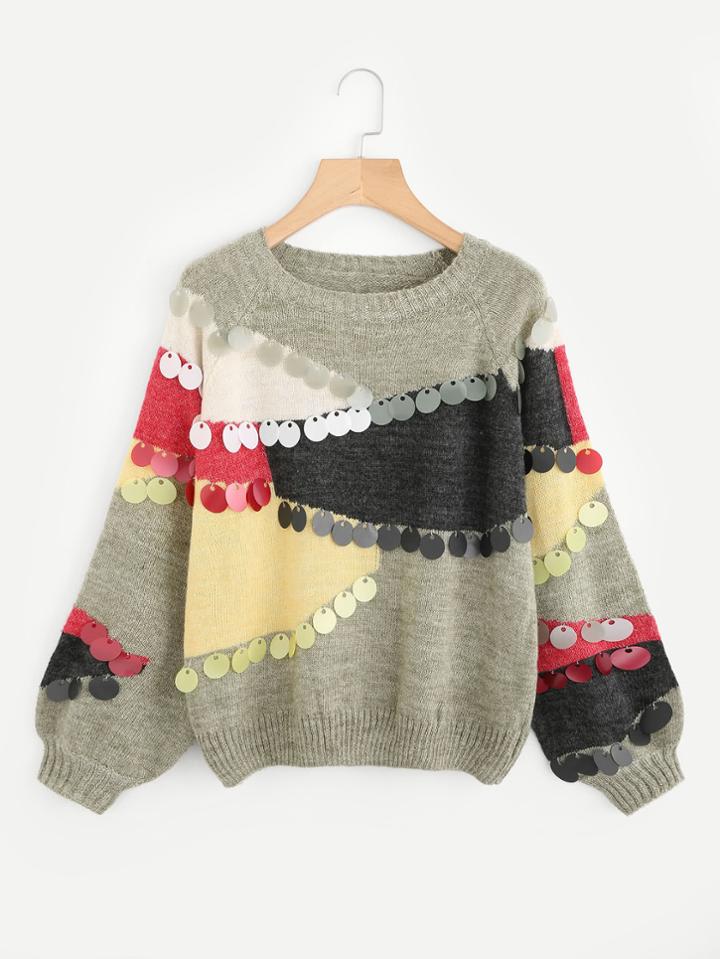 Romwe Raglan Bishop Sleeve Sequin Detail Jumper