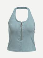 Romwe Zip Up Front Ribbed Halter Top