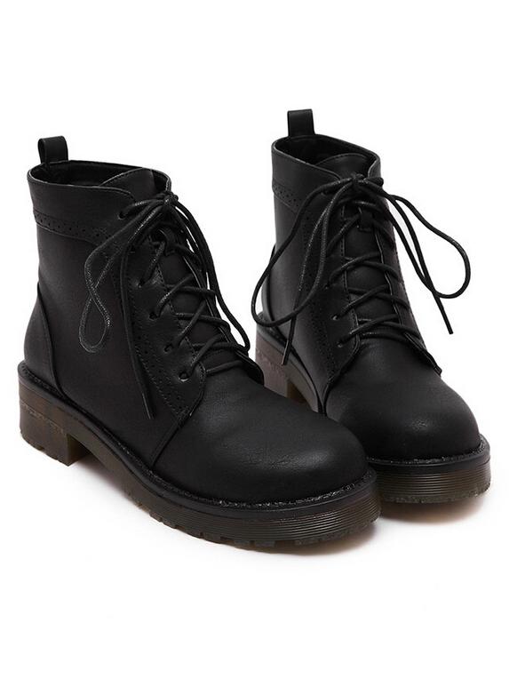 Romwe Black Round Toe Vintage Lace Up Boots