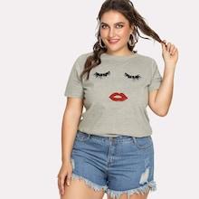 Romwe Plus Facing Print Heathered Tee