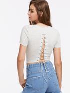 Romwe Lace Up Back Crop Marled Tee
