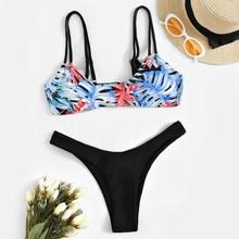 Romwe Leaf Print Top With High Cut Bikini
