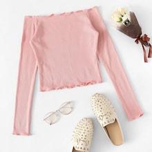 Romwe Off The Shoulder Solid Frill Crop Tee
