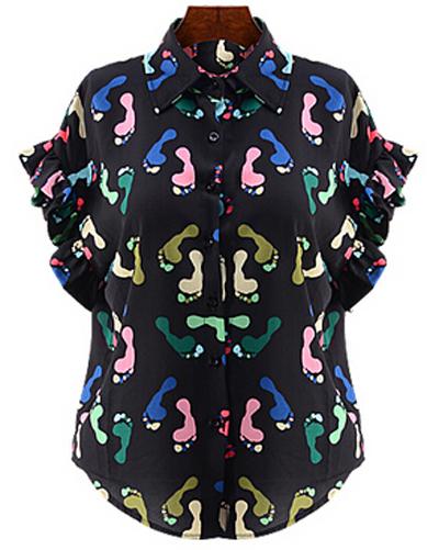 Romwe Lapel Footprint Print Black Blouse