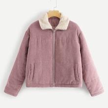 Romwe Zip Up Corduroy Puffer Coat
