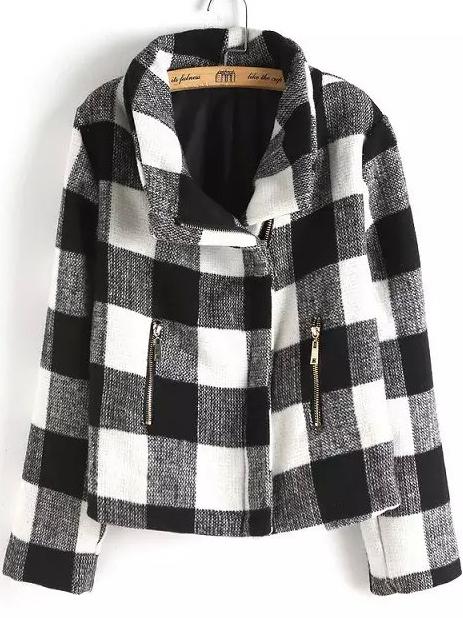 Romwe Zipper Plaid Black And White Crop Coat