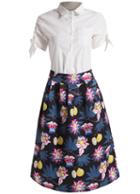 Romwe Lapel Bow Pocket Top With Florals Skirt