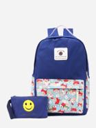 Romwe Blue Cartoon Print Front Zipper Canvas Backpack With Clutch