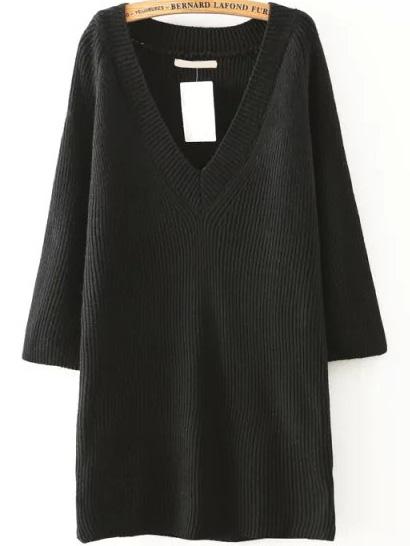 Romwe V Neck Black Sweater Dress