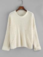 Romwe Eyelet Detail Shredded Back Chunky Knit Sweater